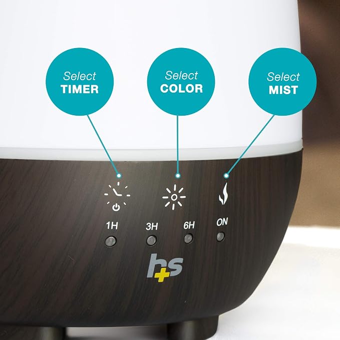 HealthSmart 500ML Essential Oil Diffuser for Large Rooms, Cool Mist Humidifier and Aromatherapy Diffuser, Adjustable Timer, Mist Mode and 7 LED Light Colors, White (Pack of 1)