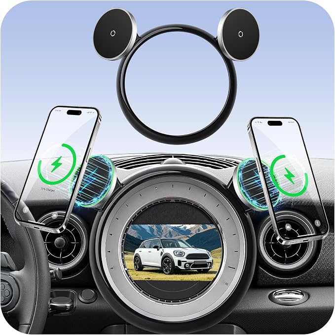 Phone Mount for BMW Mini Cooper (2007-2013 R56, 08-14 R55, 09-15 R57, 12-15 R58/R59), Magnetic iPhone Holder, Magsafe Car Mount Charger, 2PC 15W Wireless Car Charger, Hands Free & 360°,Car Accessories