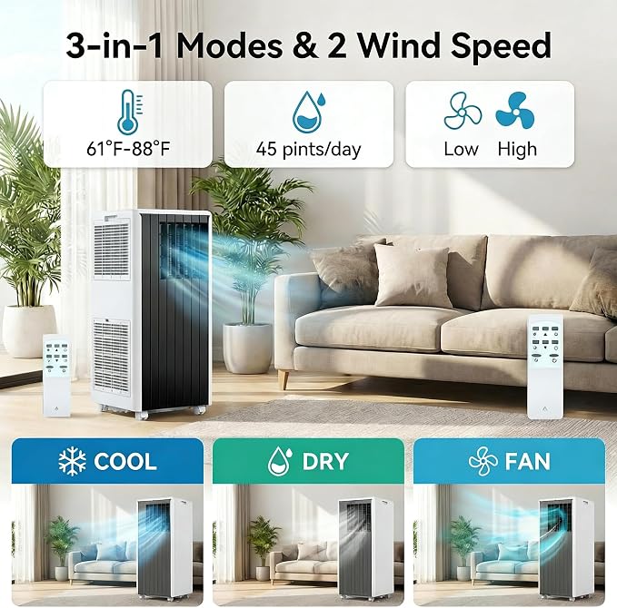 8000 BTU Portable Air Conditioners, 4-in-1 Cooling AC Portable Air Conditioner for Room with Sleep Mode, Ventless Floor Air Conditioner, 3 Speeds Fan & Dehumidifier
