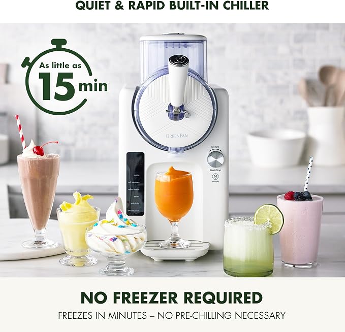GreenPan Frost Ice Cream Maker & Slushie Machine, Mixing Bowl included, Soft Serve, Sorbet, Margaritas, Milkshakes, Frozen Yogurt, No Pre-Freezing, Ready in 15 Mins, 6 Modes, Self-Cleaning, Cream