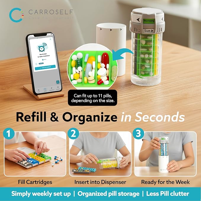 Pill Dispenser with App Reminder – Easy-to-Use Pill Organizer for 4 Daily Doses, AM/PM Supplement and Vitamin Organizer for Senior & Adults, Easy-Slide Storage for Medication Use | No Batteries Needed