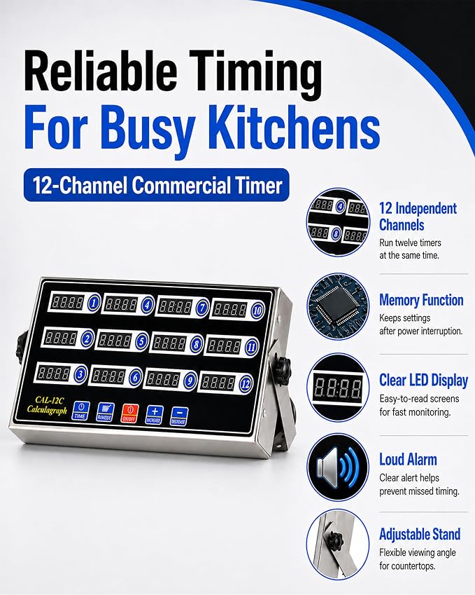 Commercial 12 Channels Digital Kitchen Timer, Stainless Steel Calculagraph Timer with Loud Alarm for Restaurant, Clock Reminder on Multiple Events