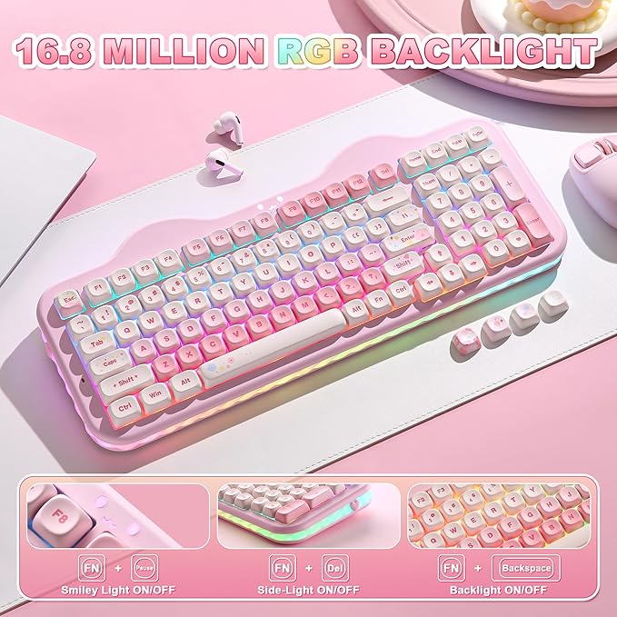YUNZII C98 Wireless Mechanical Keyboard with Number Pad,99 Key BT5.0/2.4G/USB-C Hot Swap Gasket Mount with PBT MOA Keycaps,Custom RGB,Cute Cake Keyboard for Win/Mac (Pink, Milk V2 Linear Switch)