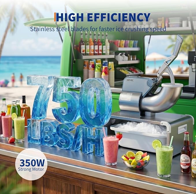 Commercial Ice Crusher, 2000RPM 750LBS/H Shaved Ice Machine, 350W Electric 4 Blades Snow Cone Machine for Home Use, Bars, Cafes, Parties, Silver