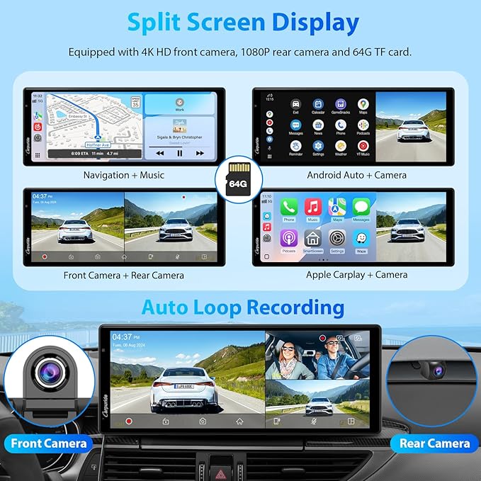CARPURIDE W903S Wireless Carplay & Android Auto Screen with 3 Channel Dash Cam, 4K Front &1080P Rear, 1080P Infrared Cabin Camera for Cars with 64GB Card, Loop Recording, Bluetooth