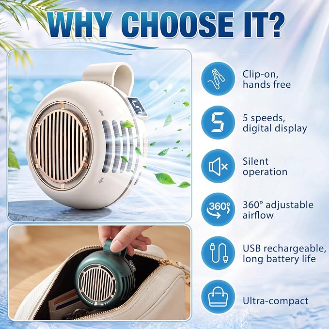 3 Pack Portable Silent Mini Bladeless Fan Clip on 5 Adjustable Speeds Digital Display 360 Rotatable USB Rechargeable Electric Small Fan for Shirt Waist Outdoor Travel(Beige Pink Green)