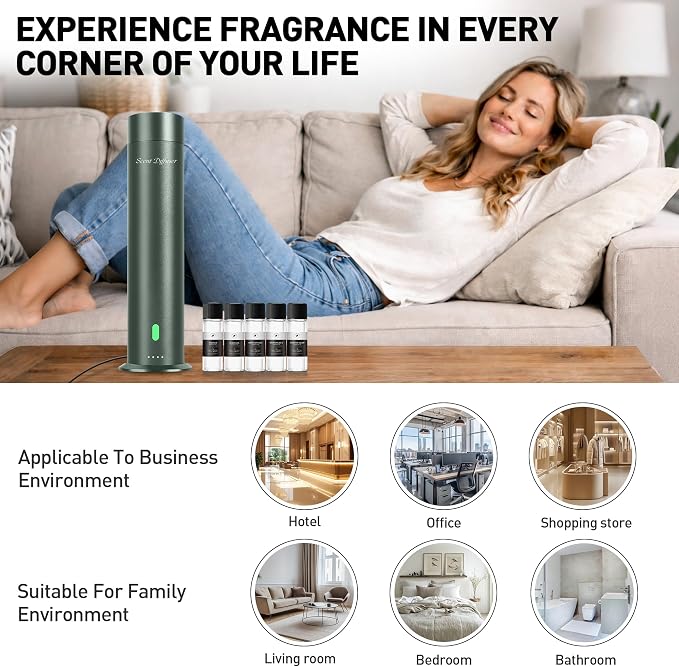 Waterless Scent Diffuser Starter Kit - 1000 Sq Ft Coverage, Hotel Scent Diffuser, Essential Oil Diffuser for Home & Large Room, Included 5 Scent Oils, Remote Control, SandGreen, 11In