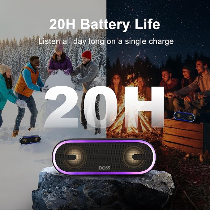 DOSS SoundBox Pro+ P300 Bluetooth Speaker, 40W Stereo Sound, Extra Bass,20H Playtime, Wireless Stereo Pairing, Beat-Driven Lights for Party, IPX6 Waterproof for Garden, Camping, Beach, Outdoor-Black