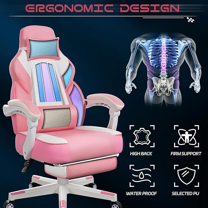 Meilocar Big and Tall Gaming Chair for Adults, 330lbs Heavy Duty Computer Chair with Footrest & Massage Lumbar Support, Wide Seat High Back Reclining Desk Chair, Pink