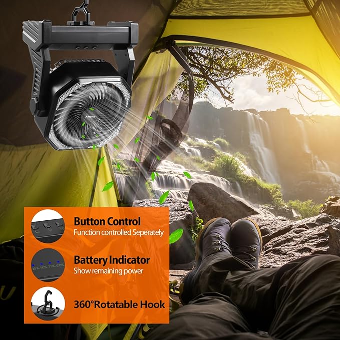 20000mAh Battery Powered Camping Fan, 58Hrs Rechargeable Portable Fan, 400LM Light, 360° Hook, Whisper Quiet Battery Operated Fan for Outdoor Car Travel Gear Essentials Power Outages Co-brand AMACOOL