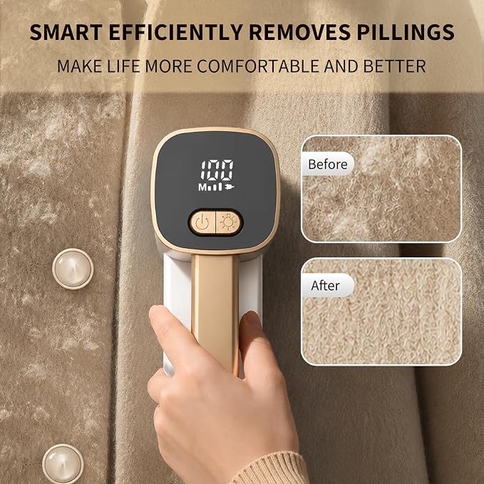 EiLVEEY Rechargeable Lint Remover, Fabric Shaver Fuzz Remover, Sweater Shavers with 6-Leaf Blades, 3-Speeds Digital LED Display to Remove Pilling for Clothing and Furniture, Lint Ball, White