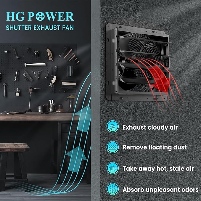 HG Power Upgraded 14 Inch Shutter Exhaust Fan, 882CFM High-Speed Vent Fan, 1400RPM Wall Mounted Attic Fan with Steel Mesh Screen for Shed, Garage, Greenhouse Ventilation, Black