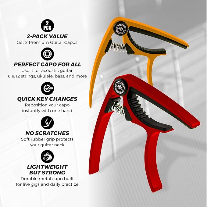 Guitar Capo (2 Pack) for Acoustic Guitars, Ukulele, Banjo, Mandolin, Bass - Made of Ultra Lightweight Aluminum Metal (1.2 oz!) for 6 & 12 String Instruments - Nordic Essentials (Red + Gold)