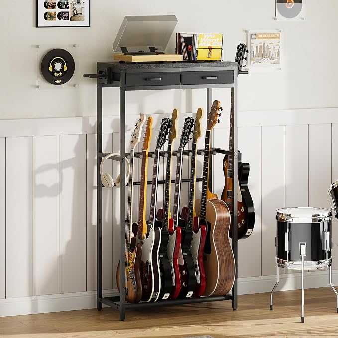 ELYKEN Guitar Stand, Guitar Rack with 2 Hangers and Storage Drawers for Guitar Accessories, Multiple Guitar Holder for Acoustic Electric Guitar, Bass, Ukulele, Instrument, Music Studio, Black