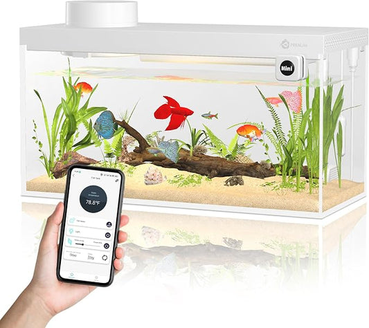 Smart Fish Tank Aquarium Kit with APP Control and Auto Feeder -1.5 Gallon Fish Tank Multi-Layer Filtration System Silent Pump & UHD Glass -16 Million DIY Colors Includes Mini Magnetic Scrubber Scraper
