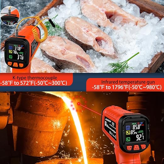 Infrared Thermometer Gun, Include K-Type Probe for Humidity, -58°F to 1796° F Digital Laser Temperature Gun for Cooking, 16:1 IR Temp Gun for Griddle, Pizza Oven, Engine, HVAC, Industrial & Home Use