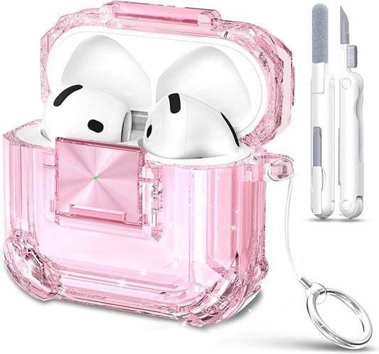 RFUNGUANGO AirPods 4 Case Clear with Lock Cleaning Kit, Lanyard & Keychain, Support Wireless Charging, Compatible with Apple AirPods 4 Case (2024) for Women Girl, Transparent Pink
