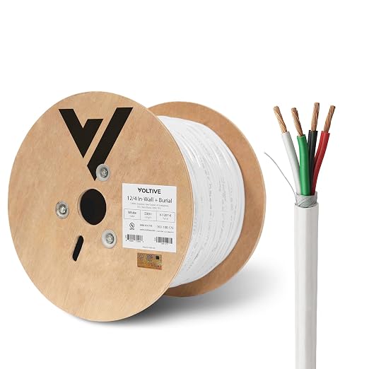 Voltive 12/4 Speaker Wire, in-Wall CL3 & Direct Burial, White, 500ft - 12AWG, 4 Conductors, Stranded Oxygen-Free Copper, UL Listed - V-1207-6