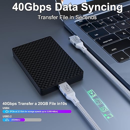 Short Thunderbolt 4 Cable White, Right Angle Thunderbolt 4 Cable 90 Degree, 240W USB C to USB C Cable with 40Gbps Data, 8K@60Hz Display, Compatible with USB4,Docks eGPU Hub 0.82ft/0.25M