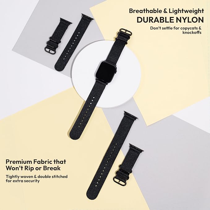 Hiking Trail Nylon Band | The Original Rugged, Water-Resistant, Soft Woven Nylon Band with Steel Hardware - Compatible with Apple Watch Bands for Men & Women 42mm 41mm 40mm iWatch All Series & Models (Black)