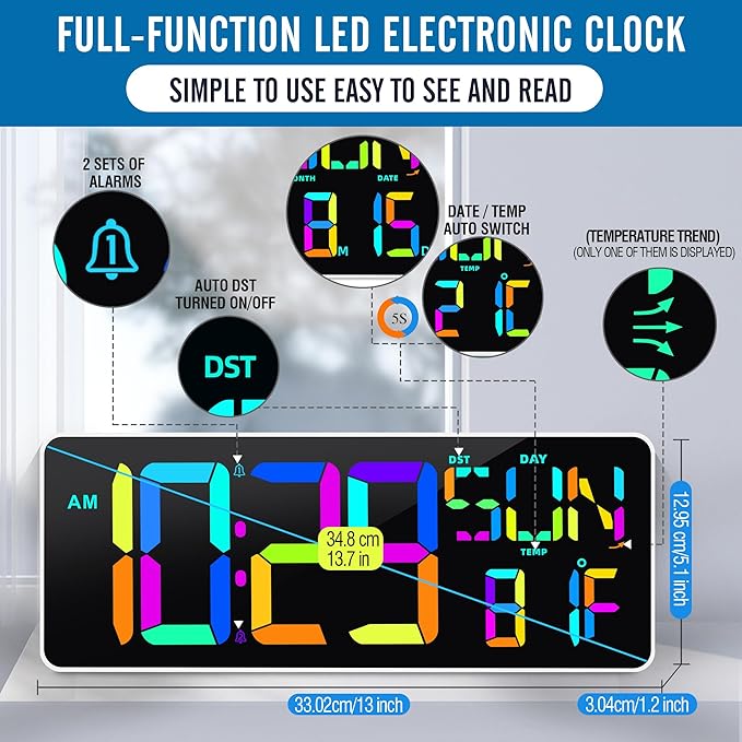 Large 13.7" LED Digital Timer（5''Nunmber）, 11 Color Changing, Count Up/Down Timer with Remote Control, Adjustable Brightness Wall Clock for Home, Office, Gym, Elderly, Auto DST