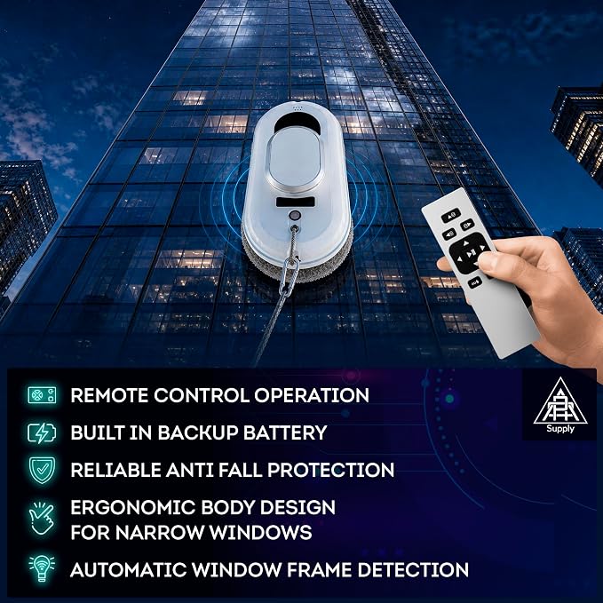 APQ Supply White Automatic Window Cleaner Robot W100, 11.8 x 5.9 x 4.7 Inch, 3 Cleaning Modes, 10 Cloth Pads, Window Glass Vacuum Cleaner, Quiet 72dB