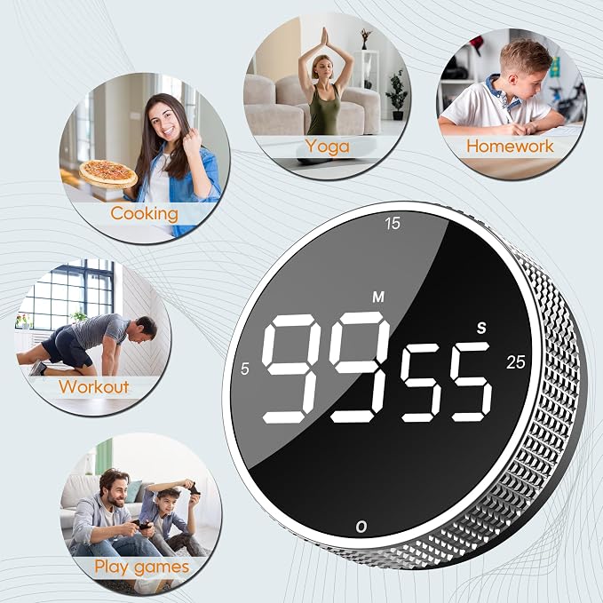 Digital Kitchen Timer - Magnetic Countdown Count Up Clock with Large LED Display, 5/15/25 Min Presets, 3 Volume Levels, Rotary Dial for Cooking, Productivity, Classroom, Fitness (2, Silver)