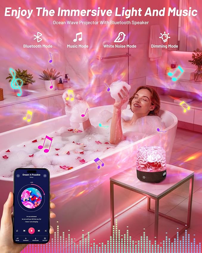Waterproof Rechargeable Shower Lamp with Bluetooth Speaker for Bathroom,Shower Light with Adjustable 15 Color Wave Projector for Bathtub,Portable Table Lamp for Indoor/Outdoor Decor
