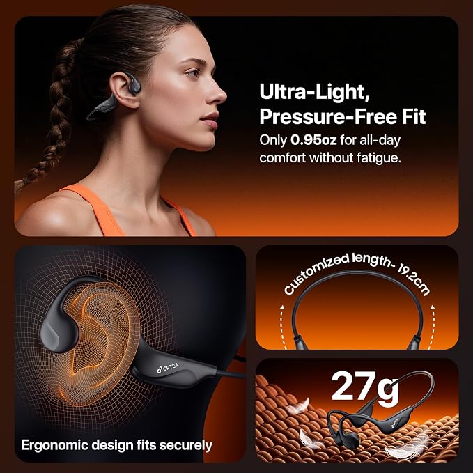 Bone Conduction Headphones, Open Ear, Bluetooth V6.0, IPX5, Sweat Resistant,10Hrs Playtime, Ultra-Light Sports Wireless Earbuds with Stable Connection for Running, Gym, Cycling, Workout, Black