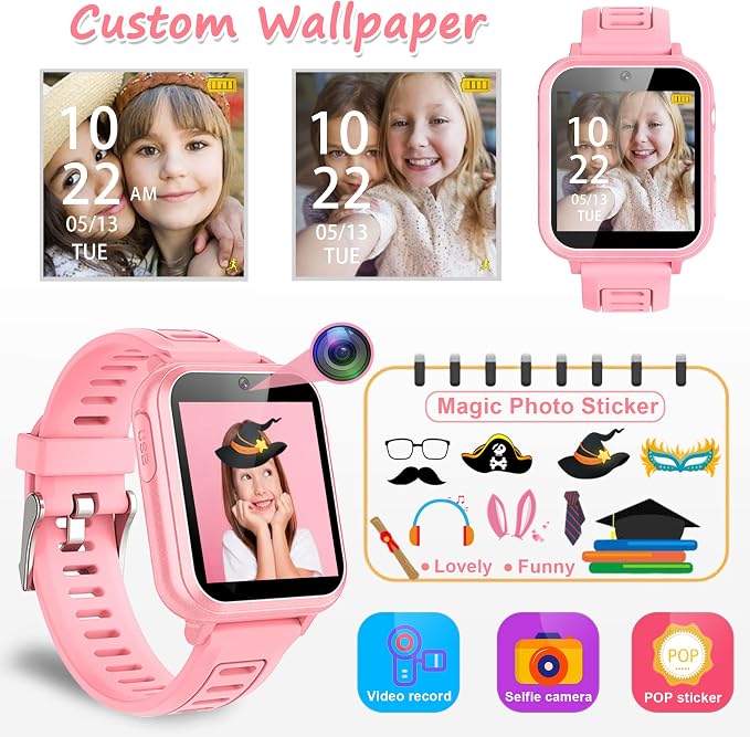 Wiszodet Smart Watch for Kids Gift for Girls Age 5-12, 1.54" Touch Screen Watch with HD Camera Video 39 Games Music Pedometer Flashlight Alarm Clock, Gifts for 7 8 9 10 Year Old Girls Boys