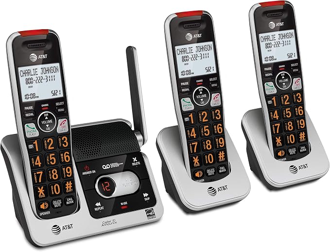 AT&T BL102-3 DECT 6.0 3-Handset Cordless Phone for Home with Answering Machine, Call Blocking, Caller ID Announcer, Audio Assist, Intercom, and Unsurpassed Range, Silver/Black