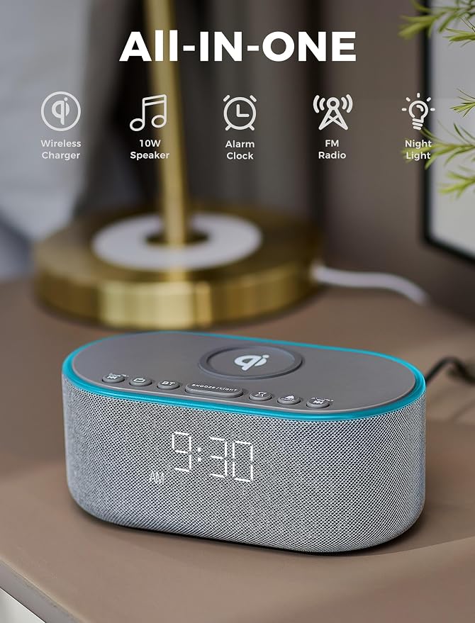 Odokee Wireless Charging Alarm Clock Radio: Qi Certified Fast Wireless Charger for iPhone Samsung - 10W Stereo Bluetooth Speaker - Dimmable Digital Clock with FM Radio for Bedroom Gray