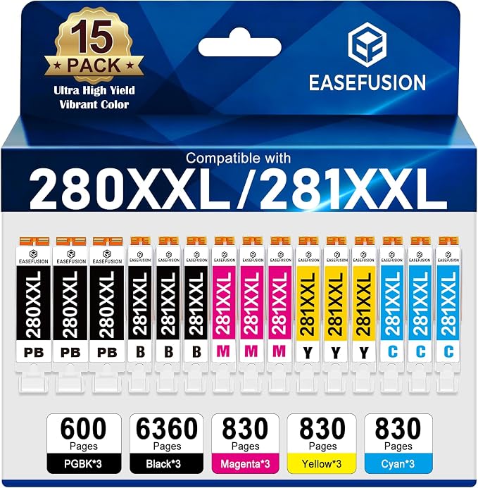 15 Pack 280XXL 281XXL 280 281 XXL Ink Cartridges to TR8620a TR8600 TR8620 TR8520 Ink Replacement for Canon PGI-280 CLI-281 XL to TR7520 TS702a TS9520 TS9521C TS6120 TS6220 TS9120 TS6320 TS8220 Printer