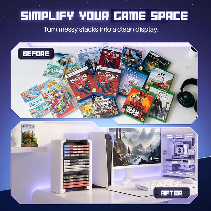 TNP Universal Video Game Storage Tower for PS5, PS4, PS3, Nintendo Switch, Xbox One, Xbox Series S/X - White Video Game Holder Organizer Stand with 12 CD Case Storage for Organizing & Displaying
