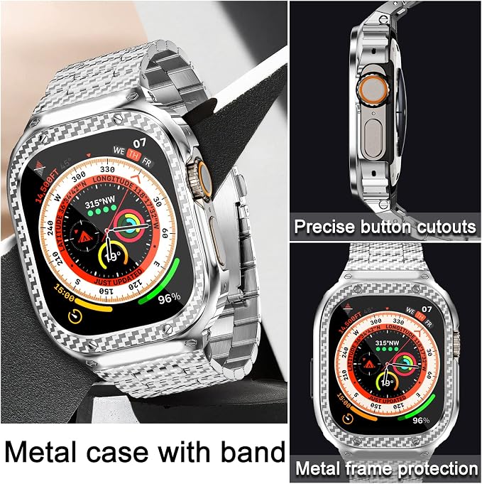 MioHHR Stainless Steel Band and Case Compatible with Apple Watch Band 49mm, Men Metal Protective Bumper Cover for iWatch Series Ultra 3/2/1, Silver Pattern