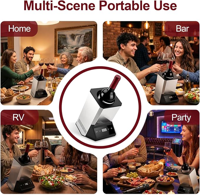 Electric Wine Chiller Single Bottle, Adjustable 41-64°F Fits 750ml Bottles | Iceless & portable design, supports 24-hour use. Suitable for home bar, gatherings, countertop and holiday gift