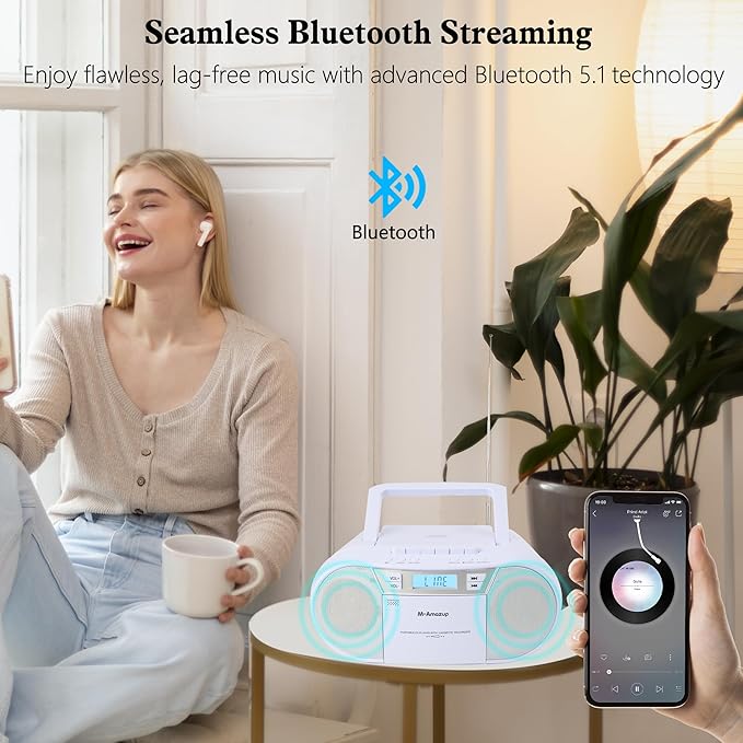 Boombox CD Player Portable, Cassette Player Combo with CD MP3 Bluetooth AUX TF USB FM Radio AC/DC Powered, Boom Box with Remote Control, Headphone Jack, Stereo Sound for Home,Kids,Gift