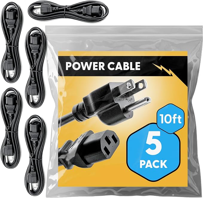 UL Approved 10ft Universal Power Cord (5 Pack) - IEC C13 to NEMA 5-15P Computer Monitor Cable for IT Departments, Data Centers & Bulk Purchasing - 18AWG 10A 125V