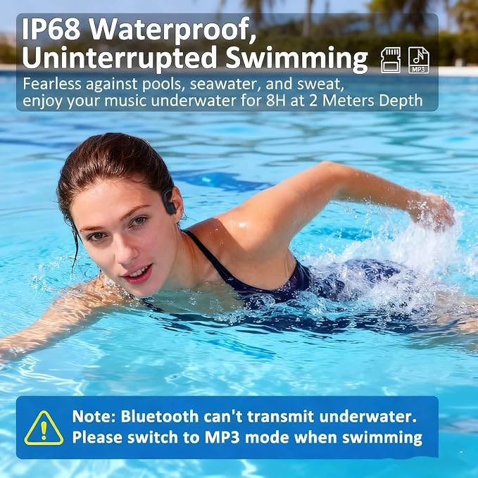 Swimming Headphones, IP68 Waterproof Bone Conduction Headphones, Bluetooth 6.0&MP3 with32GB Memory Card, Skin Open Ear Swim Earbuds with Adjustable Headband for Swim Cap/Hat, Magnetic Charging(Black)