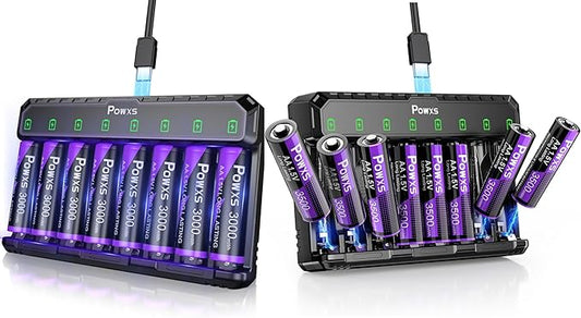 POWXS Rechargeable Lithium AA Batteries with USB-C Charger, 8-Pack 3500mWh, 2000 Cycles Fast Charging Station for Blink Cameras, Game Controllers & High-Drain Devices, Compatible with AA/AAA