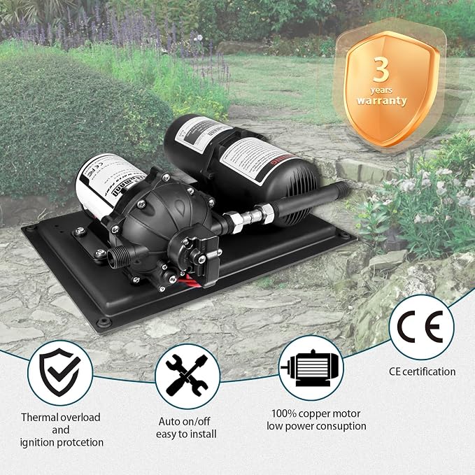 WASSERMANN 12V Boat Water Pump and Accumulator Tank System, 7.0GPM 75PSI Self Priming Water Diaphragm Pump with 1L 10 PSI Pre-Pressurized Accumulator Tank, Pressure Switch, for Boat Garden RV Camping