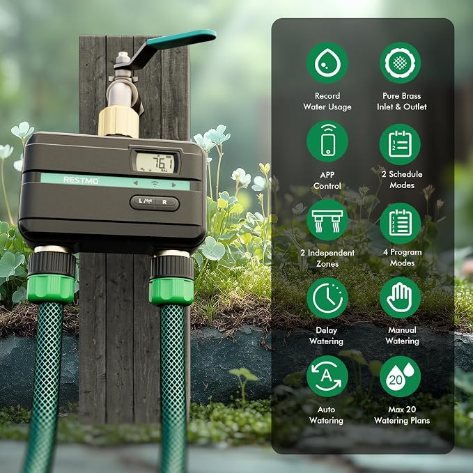 RESTMO 2 Zone Smart Sprinkler Hose Timer with Flow Meter, Brass Water Timer for Garden Hose with APP Remote Control (2.4GHz WiFi Connection), Automatic Drip Irrigation System for Lawn, Yard