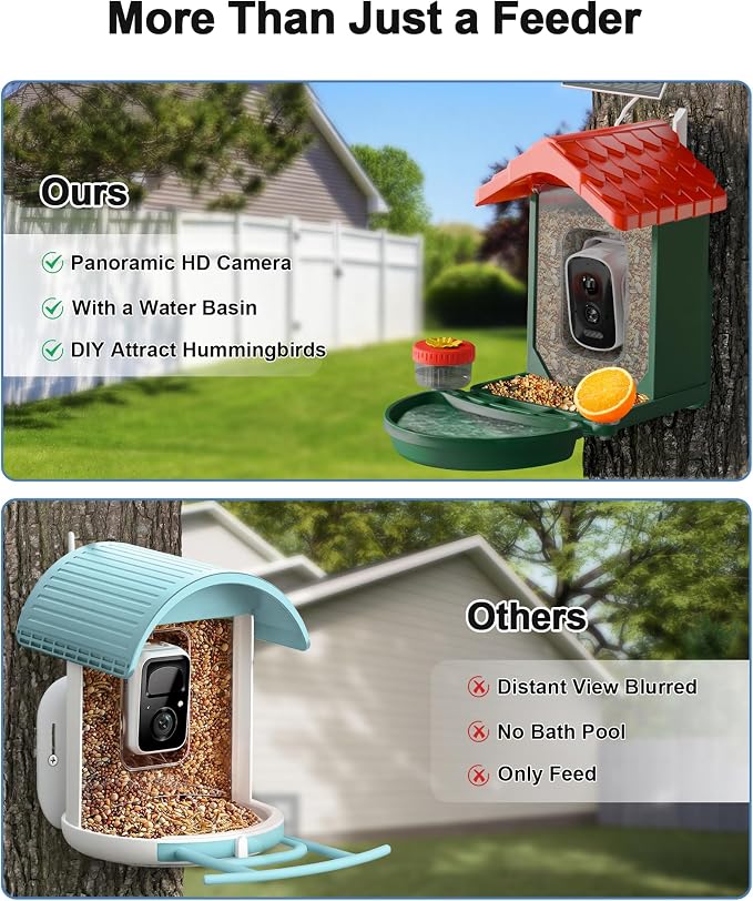 VISIOGEAR 2-in-1 Smart Wild Bird Feeder & Bath with 4K HD Camera, AI Identification Solar Bird Feeder Watching Camera Night Vision for Outdoor Birds Watching Gifts for Birdlover, Red & Green