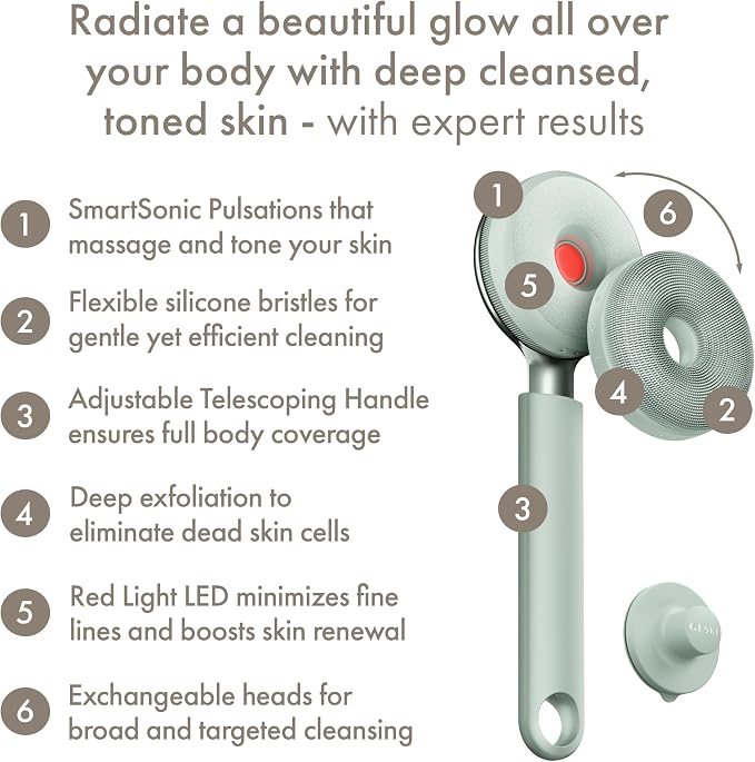 GESKE LED Sonic Full-Body Brush | 9 in 1 | Body Cleansing Brush & Intensive Exfoliator with LED | with SmartSonic Pulsations | Expert Deep Cleansing & Massage | Rough Skin Remover | Adjustable Handle