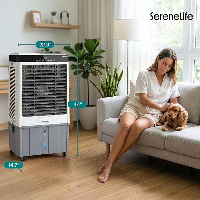 SereneLife Portable Swamp Cooler with 4000 CFM Power - Heavy-Duty Evaporative Air Cooler for Large Indoor & Outdoor Spaces, 65L Tank, 60° Oscillation, 12-Hour Timer, Wi-Fi & Remote Control