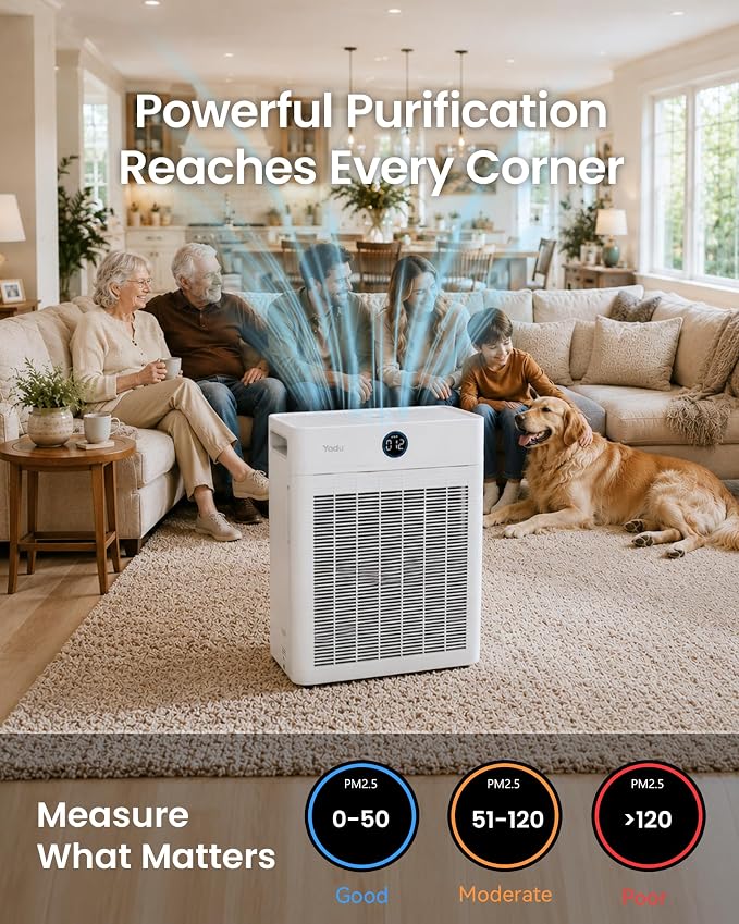 YADU Air Purifier for Large Rooms up to 2,307 sq ft | AQI Display, H13 HEPA Air Cleaner, Double-Sided Filter, WiFi Control, 18dB Quiet, Pet Hair & Dust & Smoke Capture