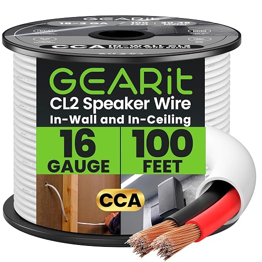 GEARit 16 Gauge Speaker Wire CL2 Rated 16 Gauge Wire 100 ft, Audio Cable with Red/Black Color Coded, Speaker Cable for in-Wall Home Theater, Car Stereo, Commercial Audio Systems, CCA(White)