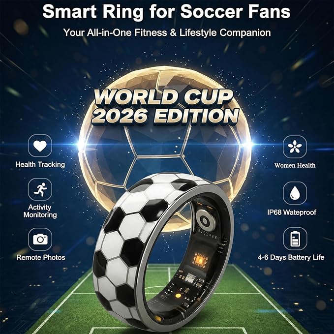 Smart Ring for Women & Men, Soccer Inspired Design, Fitness & Vital Signs Monitoring, Sleep Tracker, Remote Photography, No Subscription(Black,10#)