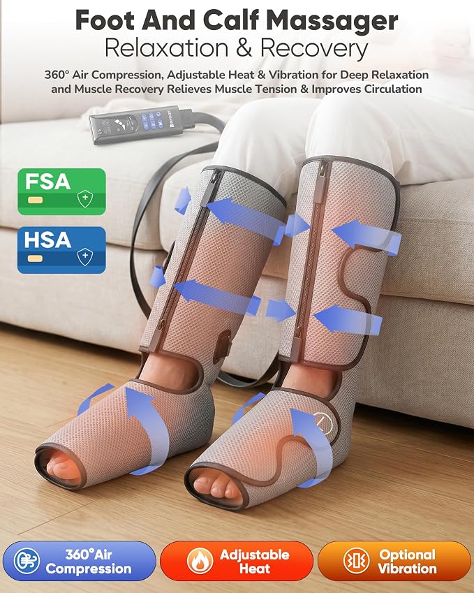 Air Compression Leg Massager with Heat : Foot and Calf Massager for Circulation and Pain Relief - 9 Intensity, 4 Modes, 3 Heating, Vibration, for Sitting/Standing Jobs & Home Use
