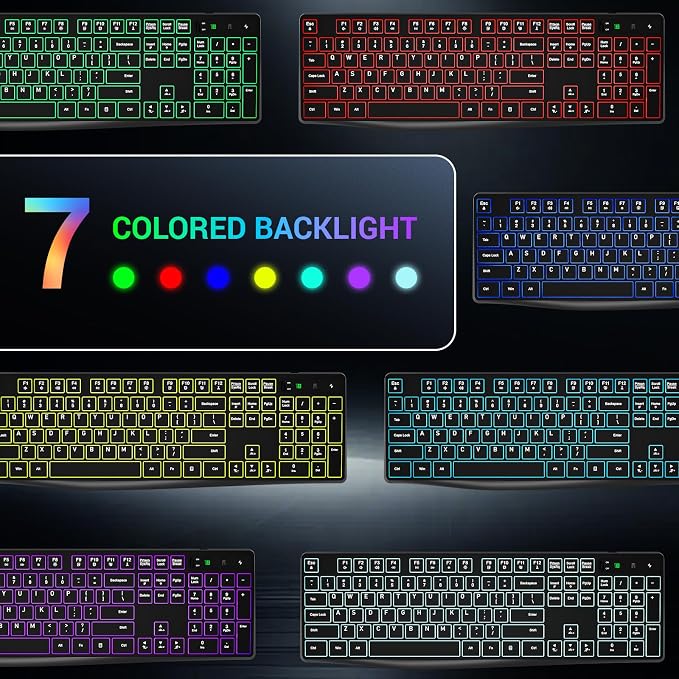 Wireless Keyboard and Mouse Combo, Lovaky 2.4G Full-Sized Ergonomic Keyboard Mouse, 3 DPI Adjustable Cordless USB Keyboard and Mouse, Quiet Click for Computer/Laptop/Windows/Mac (RGB Rainbow, 1 Pack)